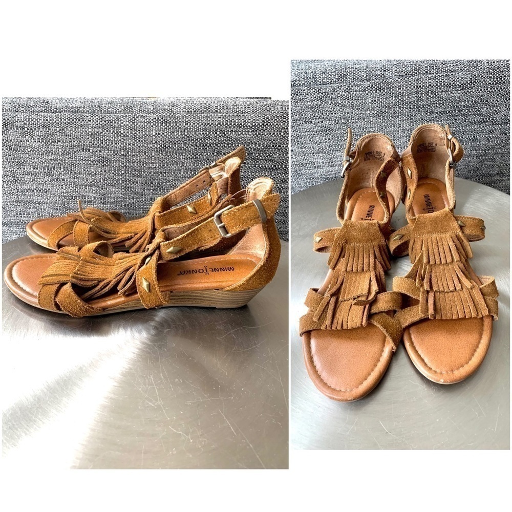 Minnetonka suede Ankle Wedge Sandals Studded Fringe southwestern women’s 9 Brown